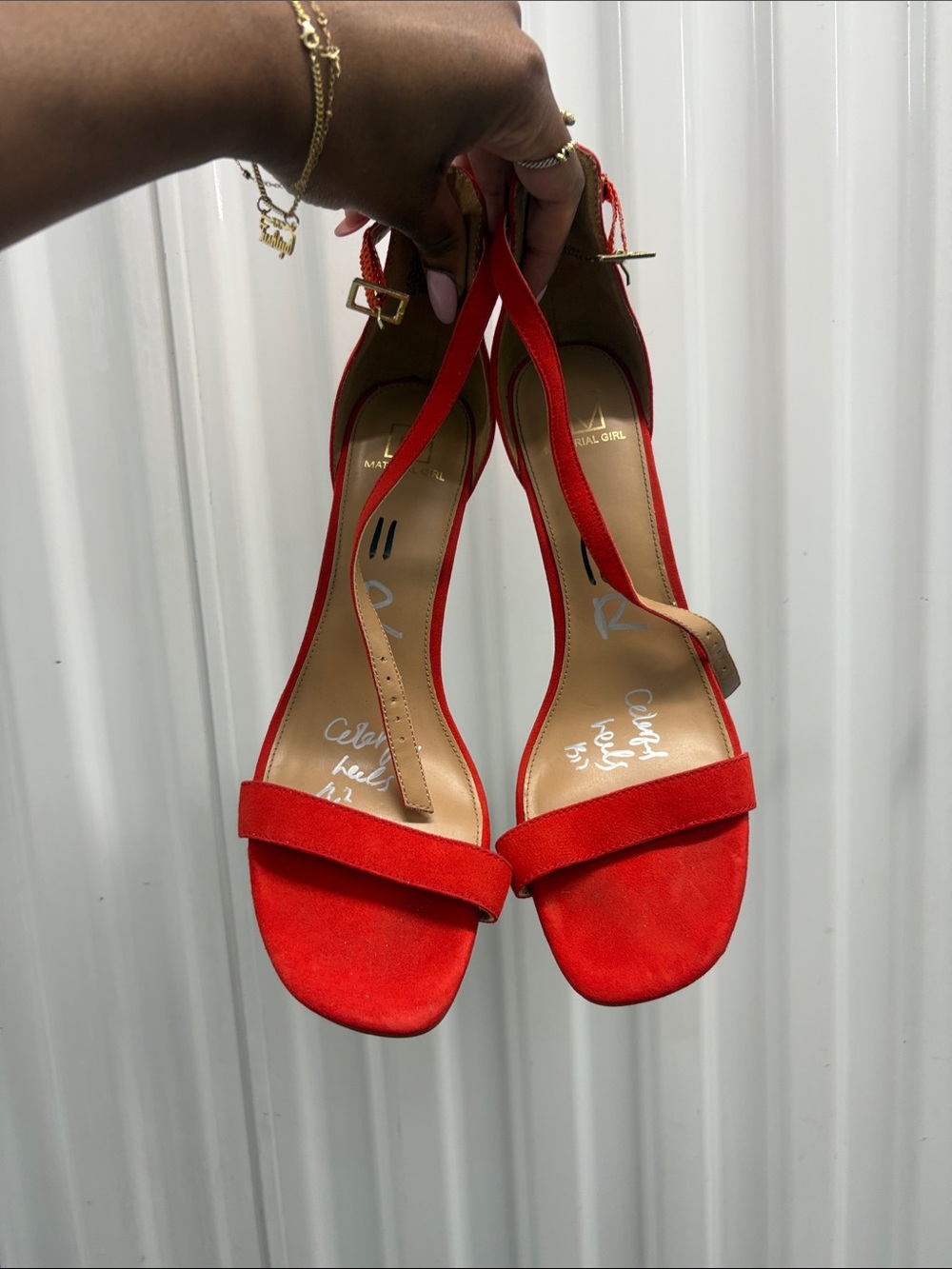 Material Girl Red Suede Open-Toe Ankle Strap Heels